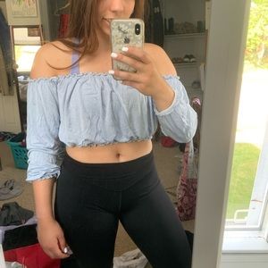 quarter sleep ruffled off the shoulder top